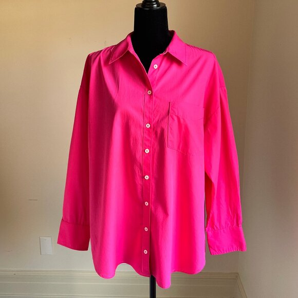 ANTHROPOLOGIE x MAEVE The Bennet Button Down Shirt Cotton Hot Pink Medium - Picture 6 of 13
